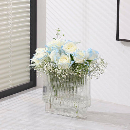 Handcrafted Ribbed Glass Vase Decorative Centerpiece Clear Half-harp Vase for Flower Arrangement