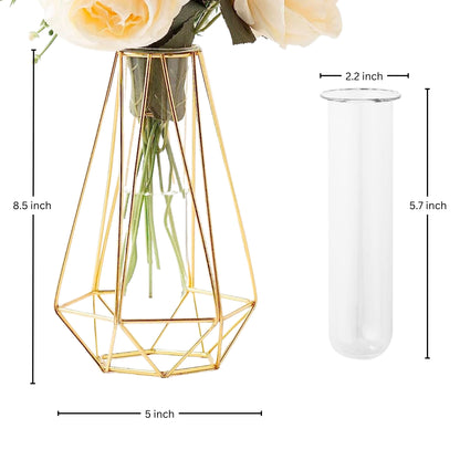 2 Pcs Hinged Gold Bud Vase Metal Outline Geometric Hydroponic Planter